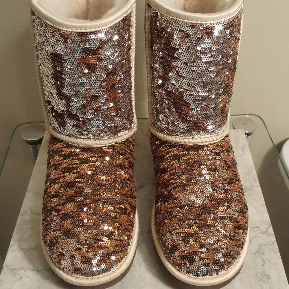   Sequin Gold Silver Ugg Classic Short Fuzzy